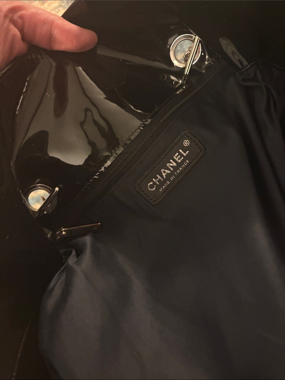 Chanel large black Patent Leather Crystal Studded Double-C Toggle Bon Bon Tote - Picture 8 of 12